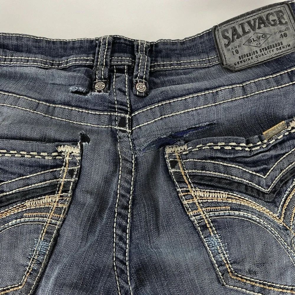 Distressed Salvage Buckle Men's Mayhem Straight Stretch Blue Jeans Size 31R x 28